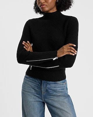 Ribbed Mock Neck Zipper Sleeve Sweater