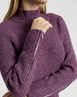 Ribbed Mock Neck Zipper Sleeve Sweater