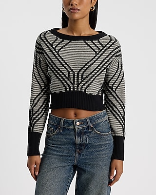 Abstract Plaid Boat Neck Cropped Sweater