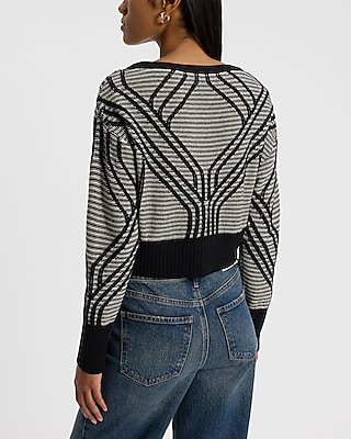 Abstract Plaid Boat Neck Cropped Sweater