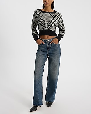 Abstract Plaid Boat Neck Cropped Sweater