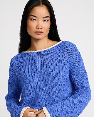 Tipped Boat Neck Textured Sweater