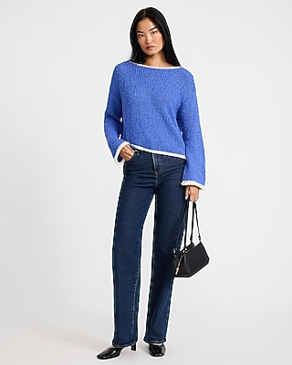 Tipped Boat Neck Textured Sweater