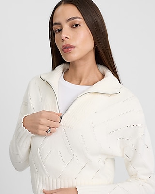 Open Knit Quarter Zip Cropped Sweater | Express