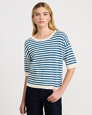 Striped Crew Neck Short Sleeve Button Back Sweater