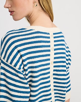 Striped Crew Neck Short Sleeve Button Back Sweater