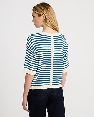 Striped Crew Neck Short Sleeve Button Back Sweater