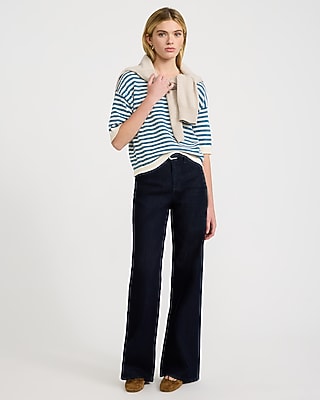 Striped Crew Neck Short Sleeve Button Back Sweater