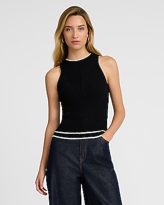 Tipped Fitted Ribbed High Neck Sweater Tank | Express