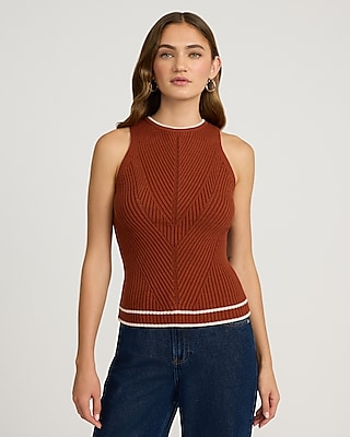 Fitted Ribbed Collared Zip Up Sweater Tank | Express