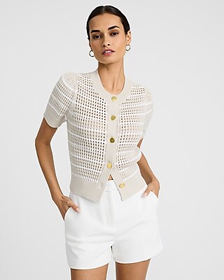 Striped Open Stitch Short Sleeve Cardigan