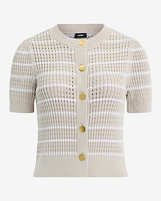 Striped Open Stitch Short Sleeve Cardigan