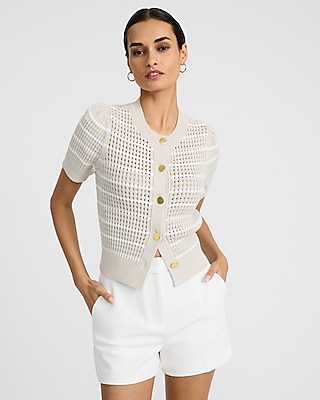 Striped Open Stitch Short Sleeve Cardigan