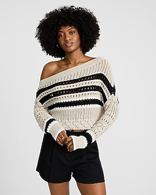 Striped Crochet Off The Shoulder Sweater