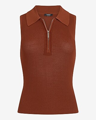 Fitted Ribbed Collared Zip Up Sweater Tank - image 4