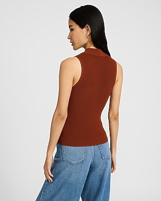 Fitted Ribbed Collared Zip Up Sweater Tank - image 2