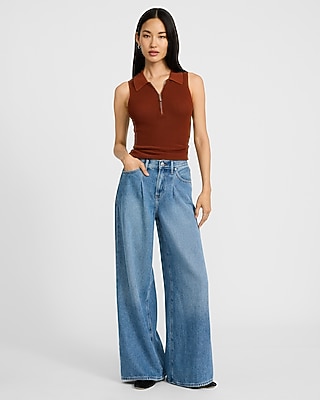 Fitted Ribbed Collared Zip Up Sweater Tank - image 3
