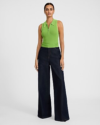 Fitted Ribbed Collared Zip Up Sweater Tank