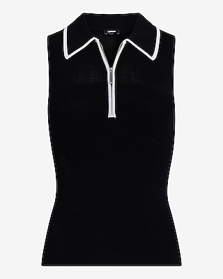 Fitted Ribbed Collared Zip Up Tipped Sweater Tank - image 4