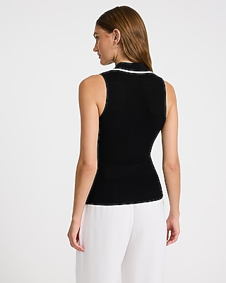 Fitted Ribbed Collared Zip Up Tipped Sweater Tank - image 2