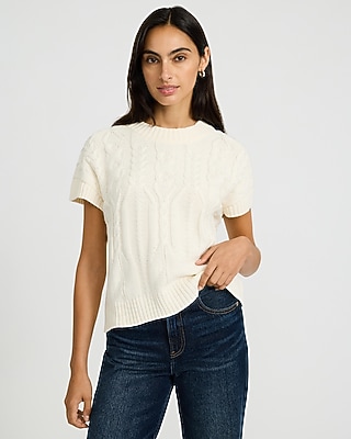 Cable Knit Crew Neck Short Sleeve Sweater