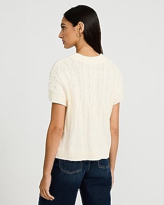 Cable Knit Crew Neck Short Sleeve Sweater