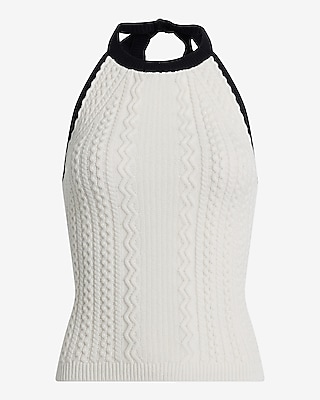 Tipped Cable Knit Tie Halter Sweater Tank