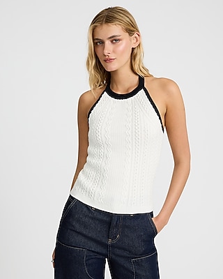Tipped Cable Knit Tie Halter Sweater Tank