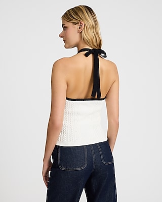Tipped Cable Knit Tie Halter Sweater Tank