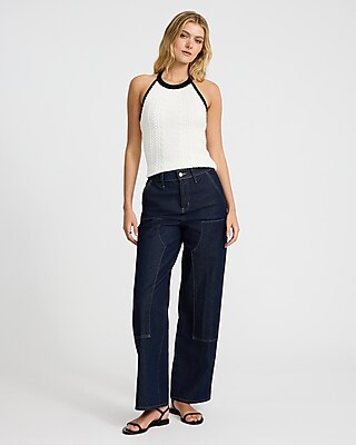 Tipped Cable Knit Tie Halter Sweater Tank