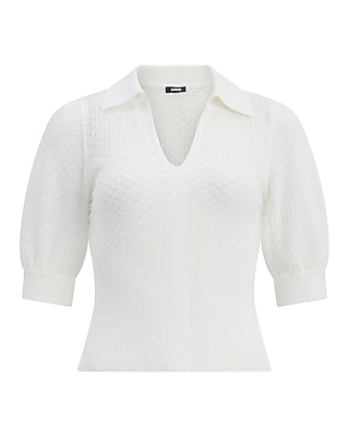 Collared Patterned Knit Short Puff Sleeve Sweater