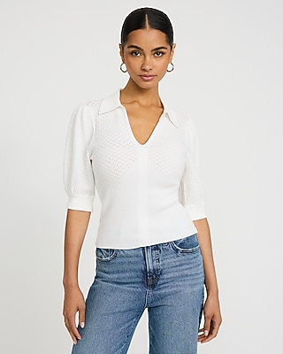 Collared Patterned Knit Short Puff Sleeve Sweater
