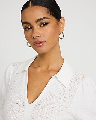 Collared Patterned Knit Short Puff Sleeve Sweater
