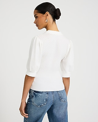 Collared Patterned Knit Short Puff Sleeve Sweater | Express