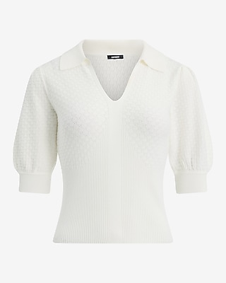 Collared Patterned Knit Short Puff Sleeve Sweater