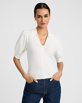 Collared Patterned Knit Short Puff Sleeve Sweater