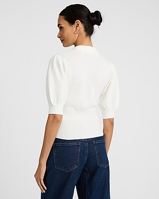 Collared Patterned Knit Short Puff Sleeve Sweater