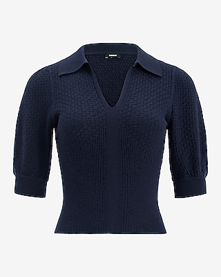 Collared Patterned Knit Short Puff Sleeve Sweater