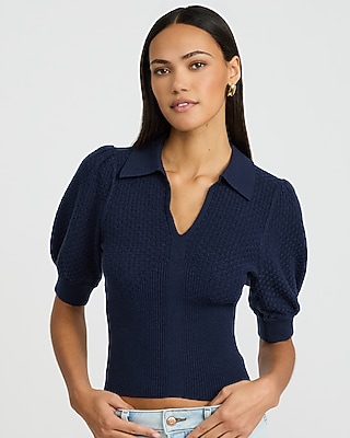 Collared Patterned Knit Short Puff Sleeve Sweater