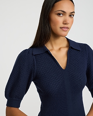 Collared Patterned Knit Short Puff Sleeve Sweater