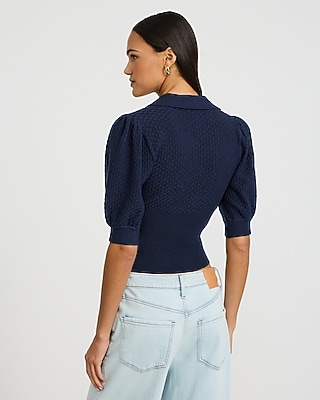 Collared Patterned Knit Short Puff Sleeve Sweater