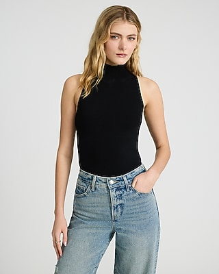 Crepe Knit Body Contour Mock Neck Sweater Bodysuit