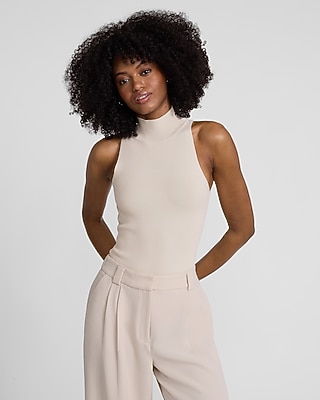 Crepe Knit Body Contour Mock Neck Sweater Bodysuit