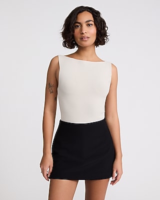 Crepe Knit Body Contour Boat Neck Sweater Bodysuit