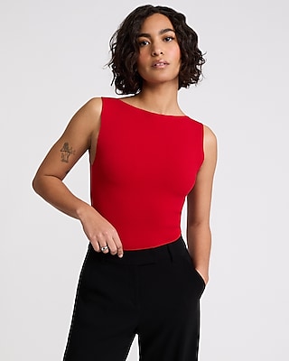 Crepe Knit Body Contour Boat Neck Sweater Bodysuit