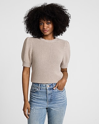 Merino-blend Crew Neck Short Puff Sleeve Sweater