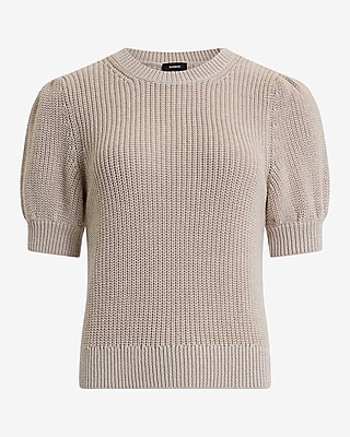 Merino-Blend Crew Neck Short Puff Sleeve Sweater