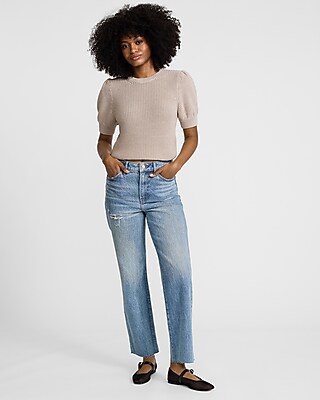 Merino-blend Crew Neck Short Puff Sleeve Sweater