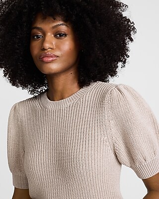 Merino-blend Crew Neck Short Puff Sleeve Sweater