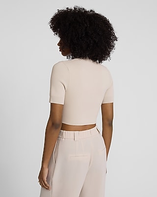 Crepe Knit Body Contour Mock Neck Cropped Sweater Tee